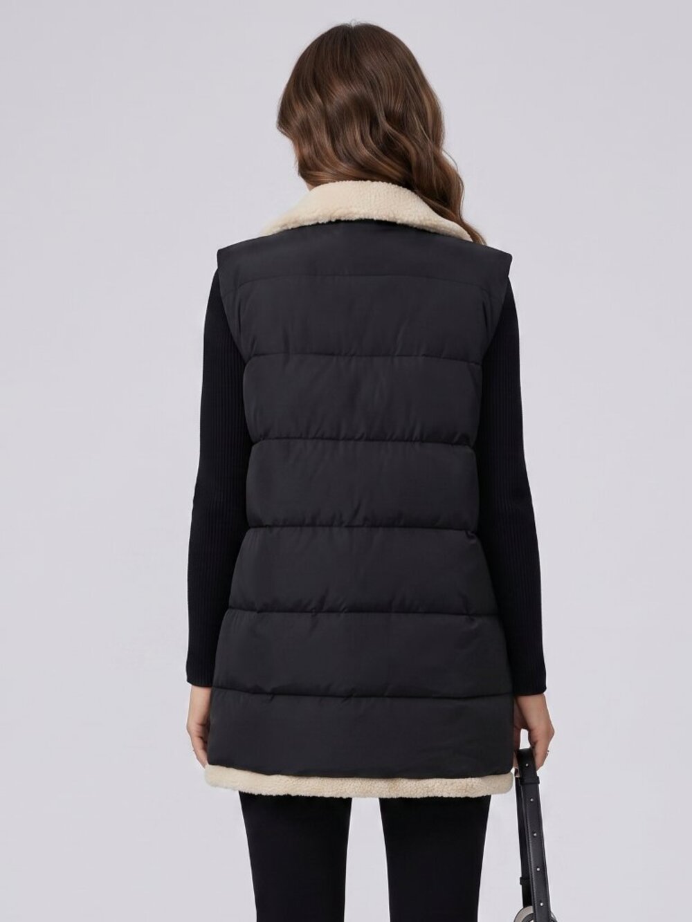 Women's Black Cream Padded Vest Sleeveless Quilted Jacket Sherpa Trim Pockets - Picture 2 of 4